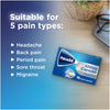 A box of Panadol 500mg Paracetamol Liquid Capsules (16 Capsules) by Panadol is shown beside a list saying its suitable for headache, back pain, period pain, sore throat, and migraine. Glasses and a plant are on the table in the background.