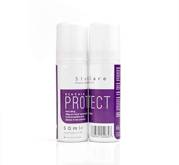 Two 50 ml spray cans with white and purple labels are side by side, featuring Stocare Protect Non Sting Spray. They highlight non-sting and sprays in any position, promising effective barrier skin protection, with product details and a barcode clearly visible.