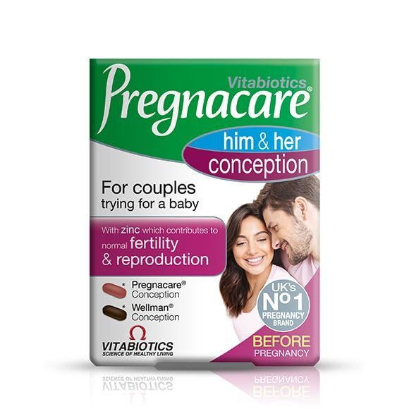 Box of Vitabiotics Pregnacare Him and Her Conception (60 Tablets) features a smiling couple, zinc for fertility support, and supports both male and female reproductive health. Labeled as the UKs No.1 pregnancy brand, its ideal for those trying to conceive.