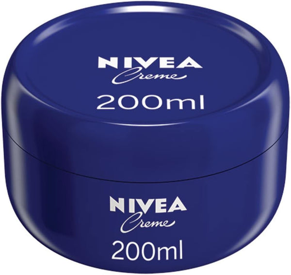 The blue round Nivea Creme (200ml) container with a twist-off lid provides intense moisture and is dermatologically tested, with NIVEA Creme 200ml in white text.