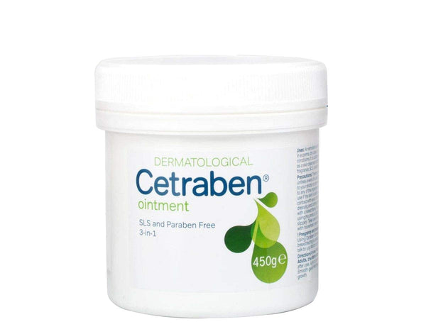 The 450g white container of Cetraben Ointment for Dry Skin & Eczema showcases a green and blue logo and the features: dermatological, SLS and Paraben Free, and 3-in-1.