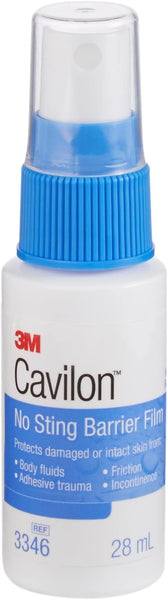 The Cavilon No Sting Barrier Film Spray Bottle (28ml) by Cavilon provides excellent skin protection with a no-sting formula, guarding against body fluids, friction, adhesive trauma, and incontinence. It features a blue cap and label.