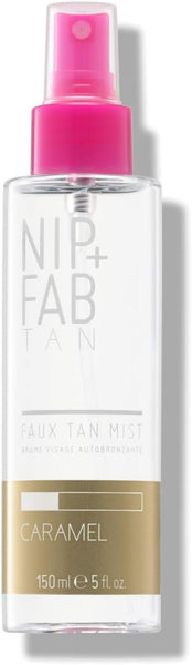 The Nip+Fab Faux Tan Mist Caramel (150ml) features a transparent bottle with a pink spray nozzle and a gold bottom. The label includes the product name and size. It’s an effective self-tanning solution for achieving a streak-free tan.