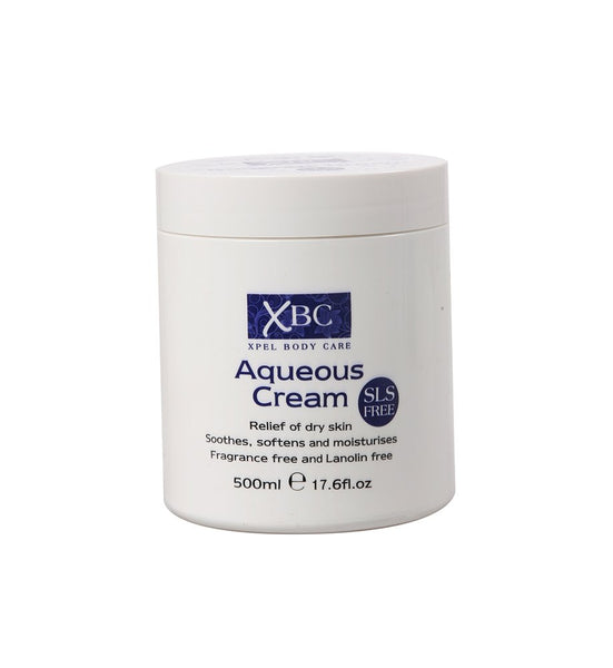 The Aqueous XBC Sls Free Aqueous Cream (500 ml) is a white, fragrance and lanolin-free jar that relieves, soothes, and softens dry skin effectively, providing lasting comfort for parched skin.