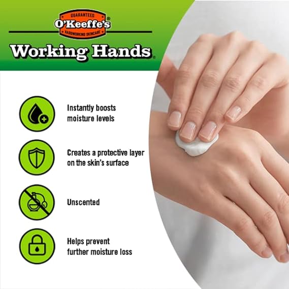 A person applies O’Keeffe’s Working Hands Tube (80ML) to the back of their hand; icons highlight benefits: boosts moisture, protects skin, calms, is unscented, and helps prevent moisture loss. O’Keeffes logo at the top.