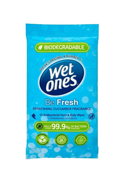 The Wet Ones Be Fresh Antibacterial & Biodegradable wipes in blue packaging feature a refreshing cucumber fragrance and kill 99.99% of bacteria. Each travel-friendly pack contains 12 biodegradable wipes, ideal for on-the-go hygiene.