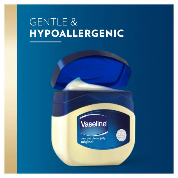 Image of an open 100ml jar of Vaseline Petroleum Jelly, showing the rich contents ideal for dry skin. This gentle, hypoallergenic moisturizer is set against a blue background.
