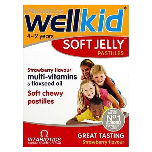 Vitabiotics Wellkid Soft Chewy Pastilles (30 pastilles), for ages 4–12, strawberry flavor, feature a multivitamin formula with flaxseed oil and a soft, chewy texture. Packaging shows smiling children. Brand: Vitabiotics.