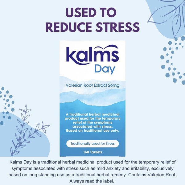 Packaging image of Kalms Day Valerian Root Extract 26mg (168 tablets). The blue box indicates its a traditional stress relief remedy, featuring calming design elements in purple and blue.
