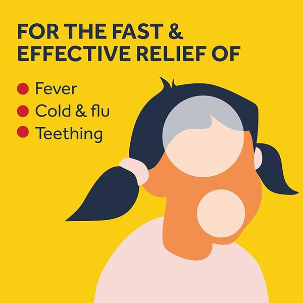 A child with pigtails is illustrated on a yellow background beside text: For fast & effective relief of fever, cold & flu, teething, featuring bullet points. Includes Nurofen for Children for Cold Fever and Pain - Strawberry (100ml) for trusted NSAID pain relief.