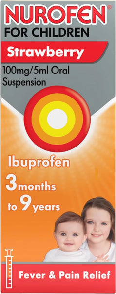 Image of Nurofen for Children for Cold Fever and Pain - Strawberry (100ml) packaging. Shows a woman cradling a baby and highlights ibuprofen, an NSAID, for children aged 3 months to 9 years. Cold Fever and Pain Relief is prominently displayed below.