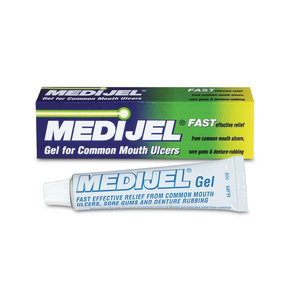 The Medijel Mouth Ulcer Treatment Gel (15g) offers Fast effective relief for common mouth ulcers, sore gums, and denture rubbing, emphasizing its soothing power for oral discomfort.