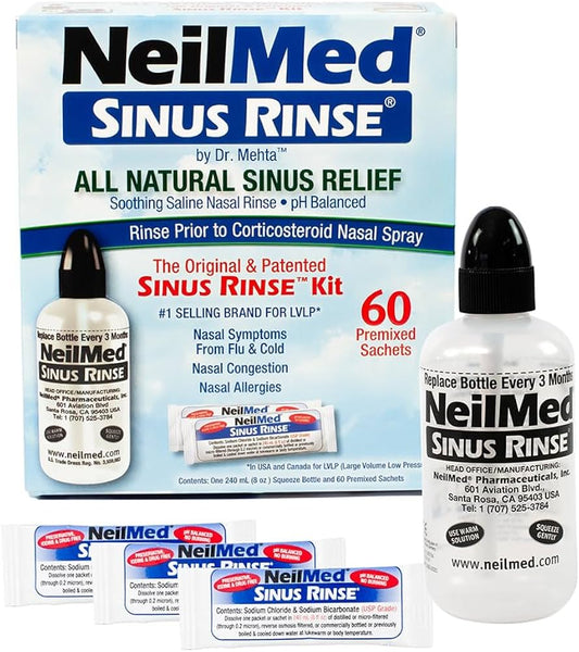 NeilMed Sinus Rinse Kit Sachet (60 sachets) by NeilMed includes a plastic bottle with cap and 60 saline packets. The packaging emphasizes all-natural sinus relief and effective saline nasal wash for nasal symptoms.
