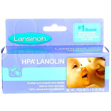 A close-up of the Lansinoh HPA Lanolin Cream (40ml) in purple and blue packaging showcases a smiling baby facing an adult. It features text highlighting it as the #1 Brand, with a natural, hypoallergenic formula perfect for breastfeeding mothers to soothe and protect sore nipples.
