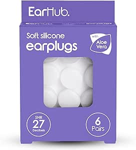 The EarHub Silicone Ear Plugs (6 Pairs) in a purple box provide a 27-decibel noise reduction (SNR) and feature reusable, white earplugs with aloe vera. The centers clear window offers visibility of the noise-cancelling plugs inside.