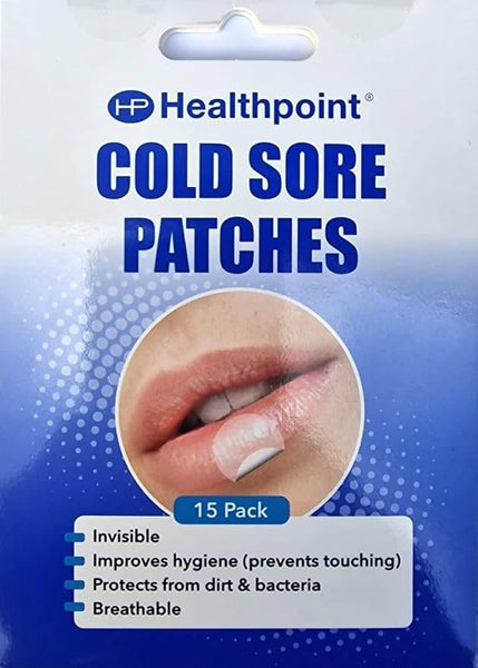 A box of Healthpoint Cold Sore Patches (Pack of 15), featuring a close-up of lips with a patch applied. Highlights include: invisible, improves hygiene, protects from dirt and bacteria, and is breathable. Brand: Healthpoint.