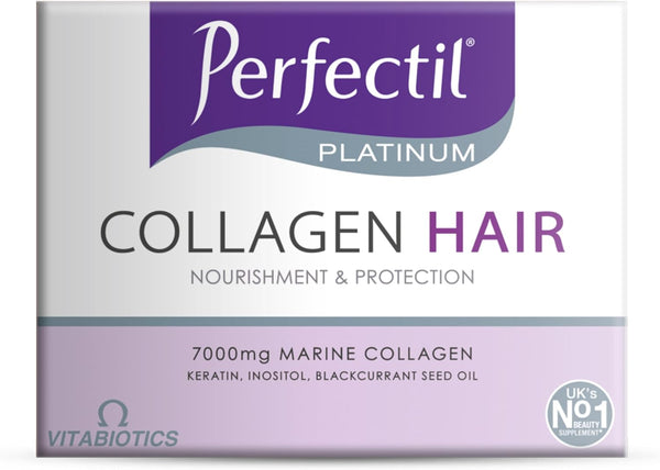 Vitabiotics Perfectil Platinum Collagen Hair 10x50ml (500ml) is a hair nutrition supplement with 7000mg marine collagen, keratin, inositol, blackcurrant seed oil, and carries the UK’s No.1 Beauty Supplement badge for nourishment and protection.