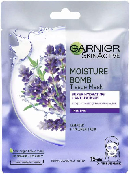 Packaging of Garnier SkinActive Moisture Bomb Lavender Tissue Mask by Garnier, shows lavender flowers, product details, and icons highlighting super hydrating, anti-fatigue benefits with hyaluronic acid for dehydrated skin.