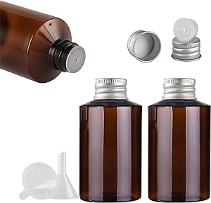 Two Tianzd 150ml brown plastic bottles with silver caps are shown, one slightly tilted. Beside the BPA-free bottles are extra caps and a small plastic funnel. The caps include inner transparent seals.