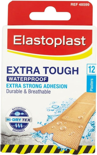 Elastoplast Extra Tough (12 Plasters) provides reliable wound protection with hypoallergenic adhesive. The yellow, red, and white packaging features a plaster and water droplets, emphasizing extra strong adhesion using durable, breathable Hi-Dry Tex material.