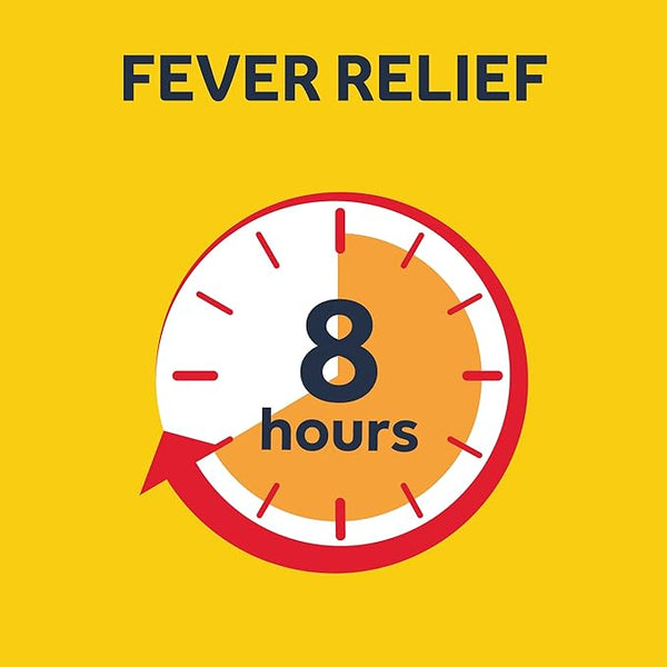 A graphic image with a yellow background showcases a clock face surrounded by an arrow, boldly highlighting 8 hours. Above it, FEVER RELIEF is prominent. This Nurofen for Children Strawberry illustration emphasizes cold fever and pain relief using NSAID technology.