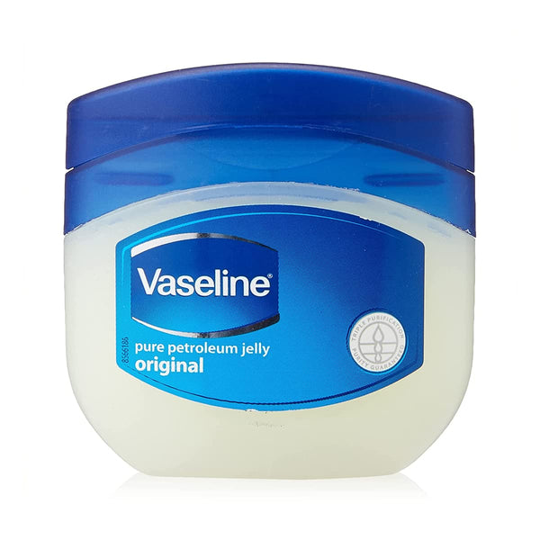 A 100ml container of Vaseline Petroleum Jelly with a blue lid features Vaseline, pure petroleum jelly, original on the label, promoting its role as a skin protectant with a circular symbol highlighting its trusted quality.