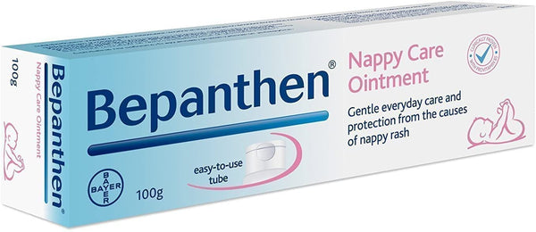 Bepanthen Ointment (100g): The packaging features blue and pink colors with a baby illustration, emphasizing its pro-vitamin B5 formula. It ensures gentle protection from nappy rash by creating a reliable barrier for your little one.