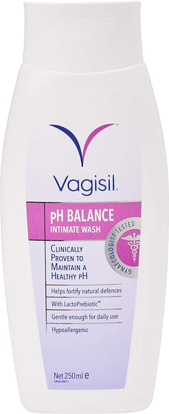 Vagisil pH Balance Intimate Wash (250ml) features a purple and white design with a V logo. It offers a clinically proven, hypoallergenic formula with LactoPrebiotic for daily use to help maintain pH balance and alleviate vaginal dryness often linked to menopause.