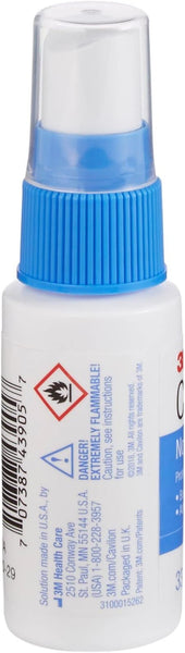 The Cavilon No Sting Barrier Film Spray Bottle (28ml) offers skin protection with a white and blue design, clear cap, and label featuring a flame icon for flammability. It includes warnings, instructions, a no-sting formula, and has a barcode on the side.