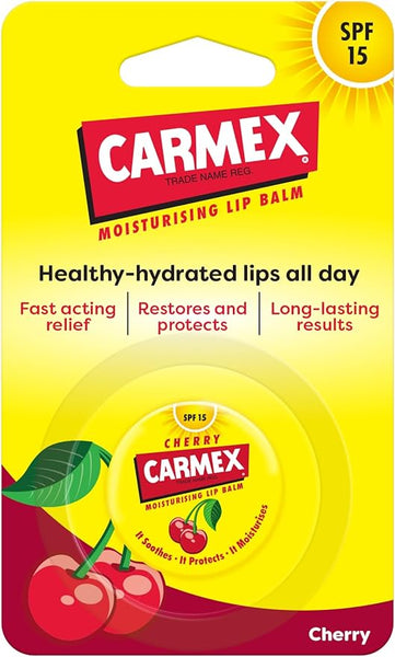 The yellow packing with red accents makes Carmex Cherry Lip Balm (7.5g) stand out, featuring SPF 15 for quick relief, restoration, lasting protection, and moisturisation. Charming cherry illustrations add to its appeal.