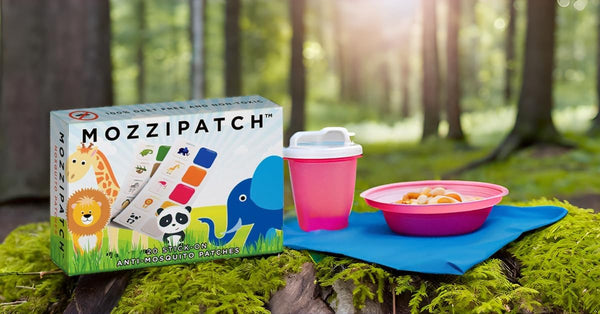 A box of food and a drink on a blanket in the woods—perfect for relaxing, especially with Mozzipatch Anti-Mosquito Stick on Patches for Kids (20 patches) by Mozzipatch for quick sting relief.