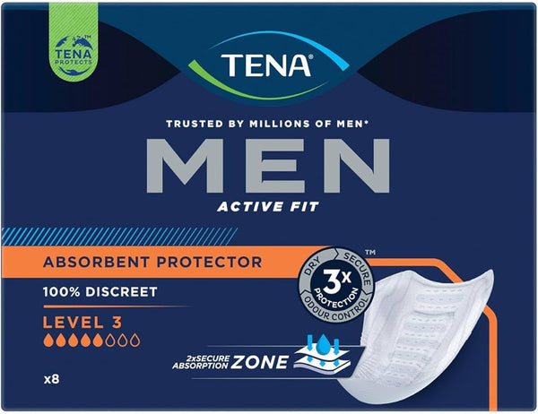 Tena Level 3 Pads (8 pads) by Tena offer advanced absorbent technology for bladder leakage, providing 3x protection and 100% discretion in a blue and orange pack.