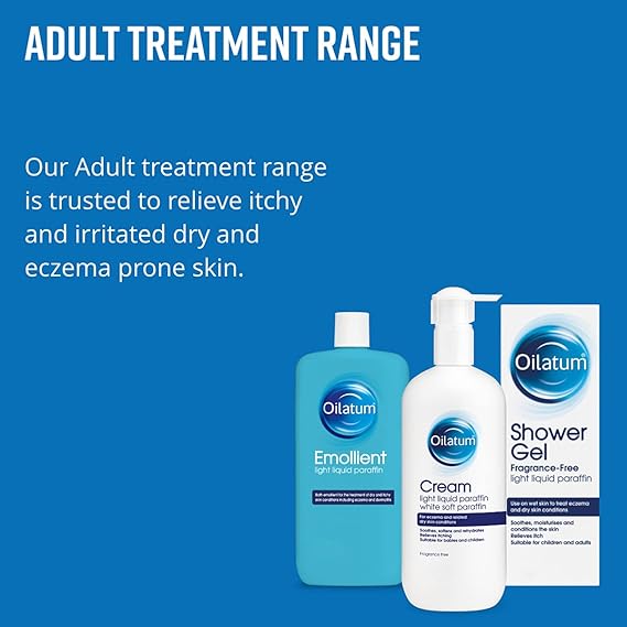 Oilatum Shower Gel Fragrance Free (150ml) is shown on a blue background, with text highlighting its use for relieving itchy, irritated, dry, and eczema-prone skin in adults seeking dandruff relief.