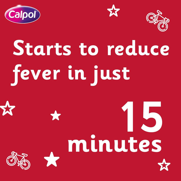 A red background with white text reads, Starts to reduce fever in just 15 minutes. The Calpol logo is in the top left. Small white icons of bicycles, stars, and a paper airplane are scattered around, ideal for on-the-go relief with Calpol SixPlus Fastmelts (12) Paracetamol.