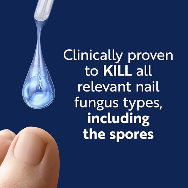 A close-up of toes with a pipette dispensing liquid near them reads, Clinically proven to KILL all relevant fungal nail infections, including spores. Ideal for anyone needing the power of Curanail Fungal Nail Treatment - Once Weekly 5% w/v Amorolfine (3ml).