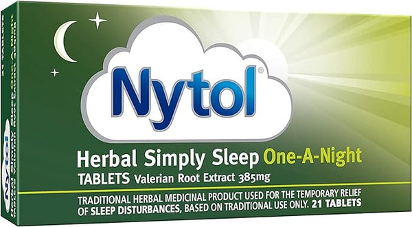 Nytol One-A-Night Herbal (21 Tablets) by Nytol contains 385mg of Valerian Root Extract and offers a lemon-flavored solution for temporary relief of sleep disturbances. The packaging features a cloud and moon design.
