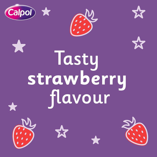 A purple background features strawberry and star illustrations, with center text: Tasty strawberry flavor, now in Calpol Infant Sachets Sugar Free 2 Months+. The Calpol logo is in the top left corner.