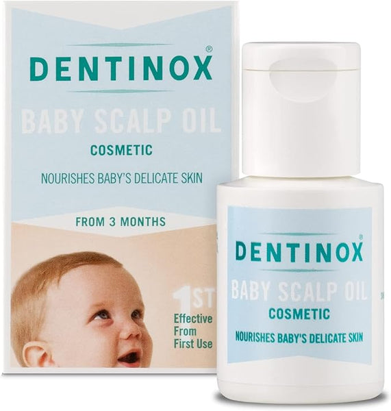 The Dentinox Baby Scalp Oil (30ml) package features a smiling baby and promotes its benefits: Cosmetic with Chamomile and Rosehip Oil, Nourishes Babys Delicate Skin, Suitable From 3 Months, Works From First Use, alongside an elegantly placed bottle.