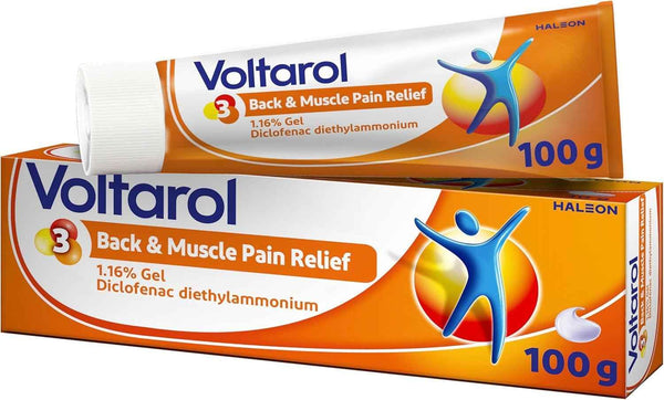 The Voltarol 1.16% Joint Care Gel (100g) features vibrant orange and blue packaging, highlighting its effective use of diclofenac diethylammonium for soothing joint, back, and muscle pain.