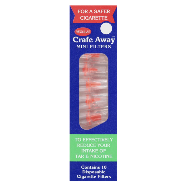 A blue box labeled Crafe Away Mini Filters (120 filters 12x10 pack) from Crafe Away contains disposable cigarette filters promoting tar and nicotine reduction, with packaging stating For a safer cigarette.