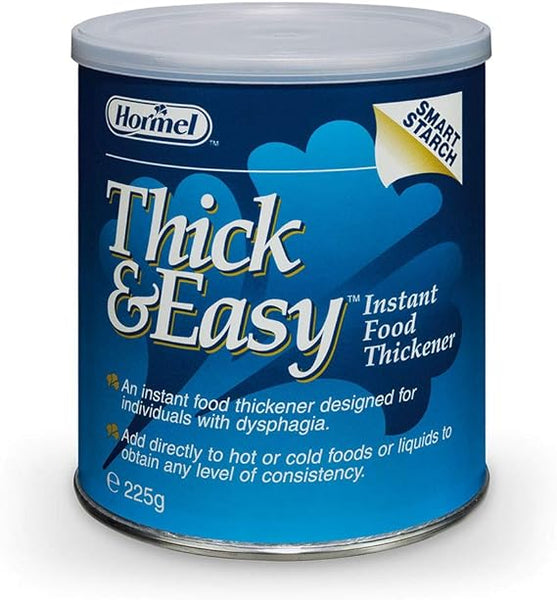 A 225g round can of Hormels Thick & Easy PDR features a blue label with usage instructions, emphasizing its function as a thickening agent to ensure culinary consistency, suitable for those with dysphagia.