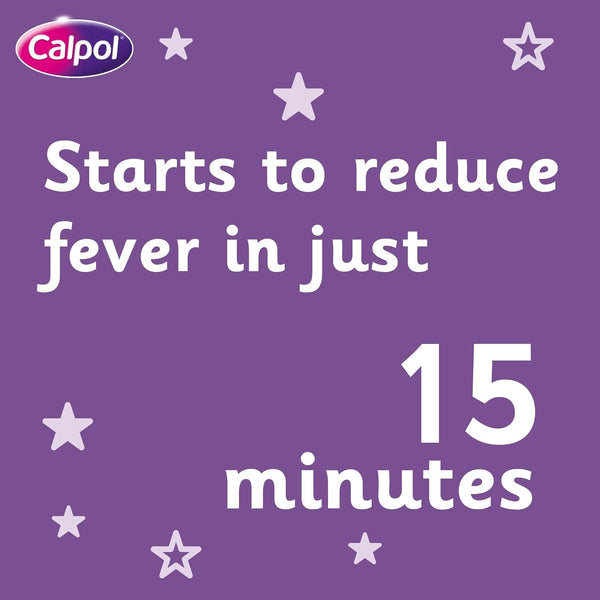 The image features Starts to reduce fever in just 15 minutes on a purple background with stars, with the Calpol Sugar Free logo in the top left. It highlights the paracetamol formula of Calpol Infant Sachets Sugar Free 2 Months+ (12).