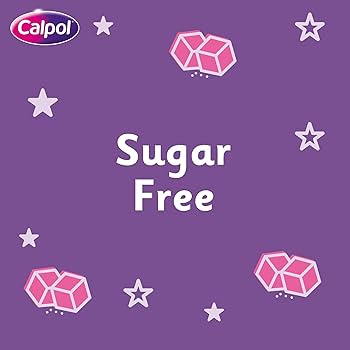 A purple background with pink and white stars and cubes creates a dreamy vibe. The Calpol logo is at the top left, while Sugar Free is boldly shown in the center, emphasizing its strawberry flavor ideal for pain relief. Product: Calpol Sugar Free Sachets Strawberry 2+ Months (20).