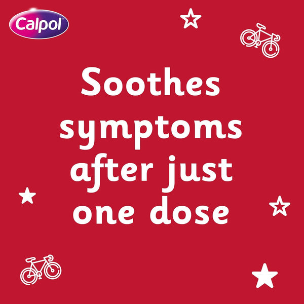 A red background with white text states, Soothes symptoms after just one dose. The Calpol SixPlus Fastmelts (12) logo is in the top left corner, accompanied by small star and bicycle illustrations for convenient on-the-go pain relief.