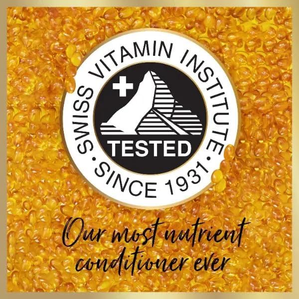 The image shows the Swiss Vitamin Institute logo over golden capsules, with the text: Pantene Active Nutri Plex XL - Smooth and Sleek Conditioner (350ml), our most nutrient Pantene conditioner ever for smooth, sleek frizz control.