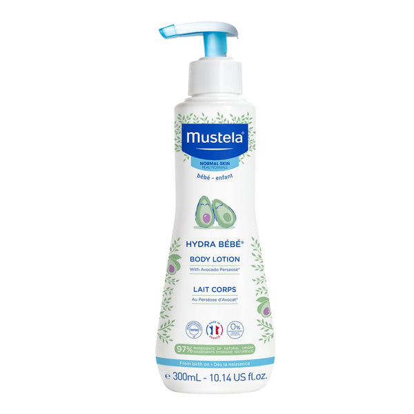A 300ml white pump bottle of Mustela Body Lotion for normal skin, with blue and green label accents, delivers long-lasting moisture to your baby’s dry skin.