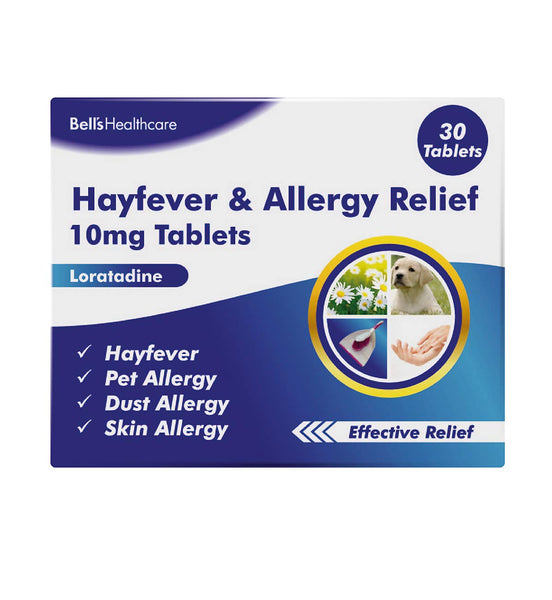 Bells Hayfever Relief offers 30 Loratadine 10mg tablets for allergy relief, including hayfever and skin allergies. The blue and white package showcases icons of pollen, a pet, and an arm.