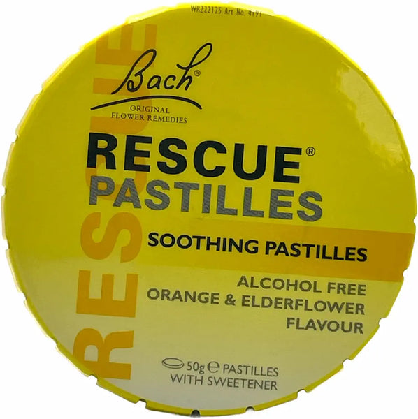 The 50g round yellow tin of Rescue Pastilles (Orange and Elderflower) by Rescue is labeled Original Flower Remedies and Alcohol Free. Infused with natural essences for emotional wellbeing, it contains soothing pastilles with sweetener.
