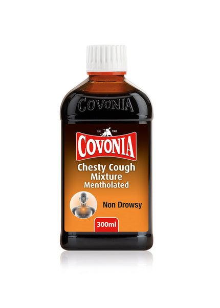 A bottle of Covonia Chesty Cough Mixture Mentholated (300ml), featuring a non-drowsy formula for chesty coughs and phlegm, packaged in amber liquid with a white cap.