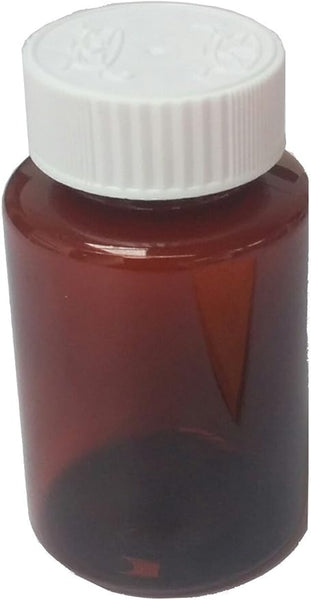 The Nightingale 120ml Brown Plastic Pill Bottle has a white, ribbed screw cap with a child-resistant locking lid, ensuring safe storage for liquids or pills.